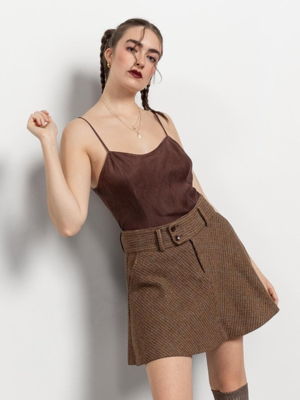Ralph Lauren Mini Skirt Pleated Vintage 2000's Brown Wool / Small Medium